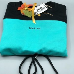 Cropped crew neck drawstring long sleeve “this is art”